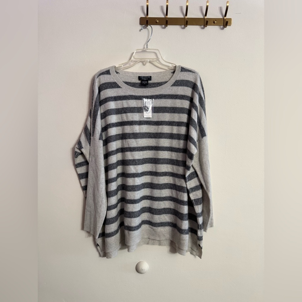 Lord And Taylor Gray Black Stripe Cashmere Women's Sweater Crew Neck Sz 2X - Picture 1 of 4